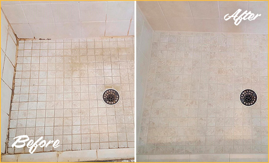 Before and After Picture of a Crompond Shower Caulked to Fix Cracks