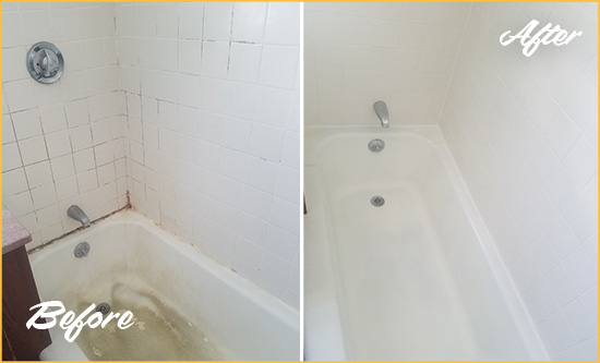 Before and After Picture of a North Castle Bathtub Caulked to Repair Cracks