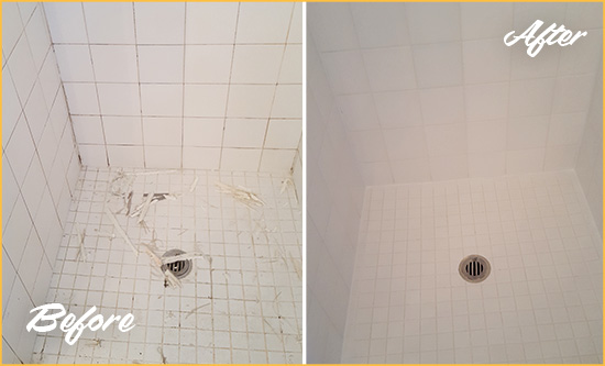 Before and After Picture of a North Castle Bathroom Re-Caulked To Repair Damaged Caulking