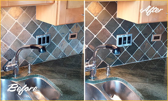 Before and After Picture of a Crompond Backsplash Caulked to Fix and Prevent Water Leaks