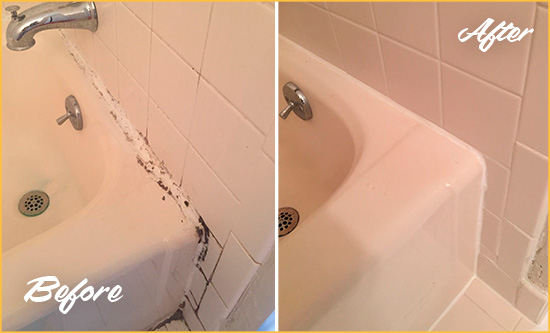 Before and After Picture of a Amawalk Bathroom Sink Caulked to Fix a DIY Proyect Gone Wrong