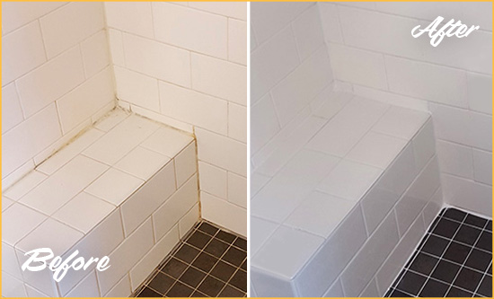 Before and After Picture of a Verplanck Shower Seat Caulked to Protect Against Mold and Mildew Growth
