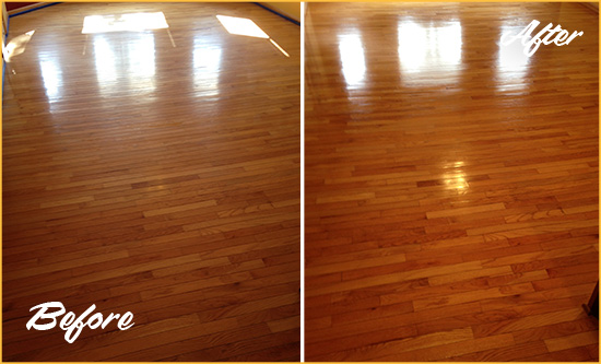 Before and After Picture of a Buchanan Wood Sandless Refinishing Service on a Room Floor to Remove Scratches