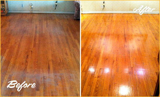 Before and After Picture of a Somers Wood Sandless Refinishing Service on a Stained Floor