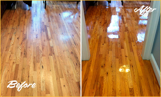 Before and After Picture of a Buchanan Wood Sandless Refinishing Service on a Worn Out Hallway