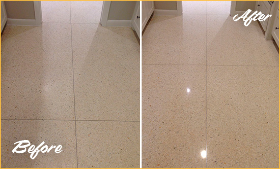 Before and After Picture of a Greensburgh Granite Stone Floor Polished to Repair Dullness