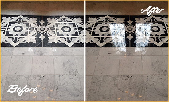 Before and After Picture of a Armonk Marble Stone Floor Polished to a Mirror Shine