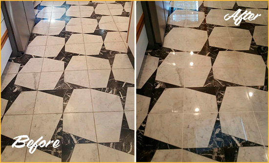 Before and After Picture of a Dull Mount Kisco Marble Stone Floor Polished To Recover Its Luster