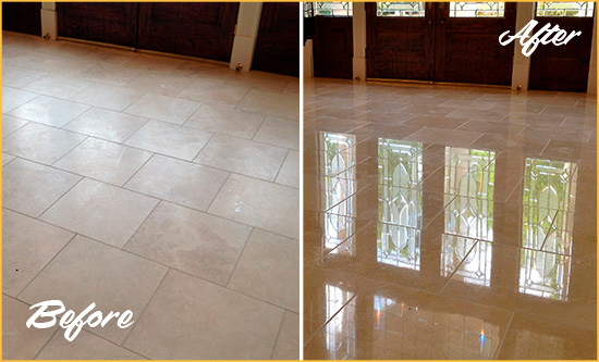 Before and After Picture of a Dull Mount Kisco Travertine Stone Floor Polished to Recover Its Gloss