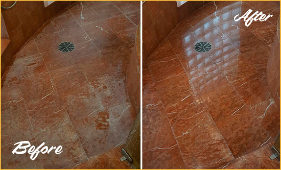 Before and After Picture of a Purdys Marble Stone Shower Polished to Eliminate Mineral Deposits