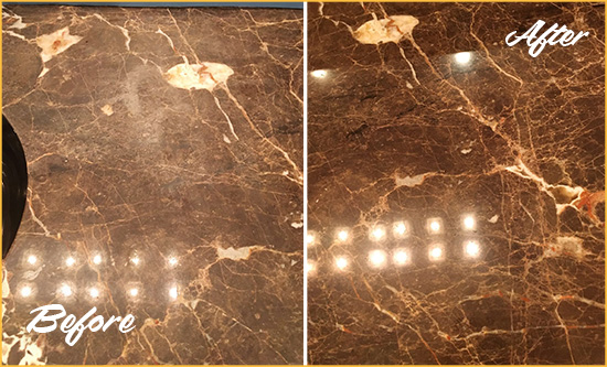 Before and After Picture of a Purchase Marble Stone Countertop Polished to Eliminate Stains