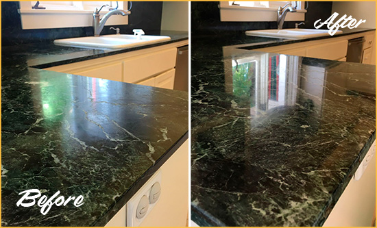 Before and After Picture of a Purdys Marble Stone Counter Polished to Eliminate Water Marks