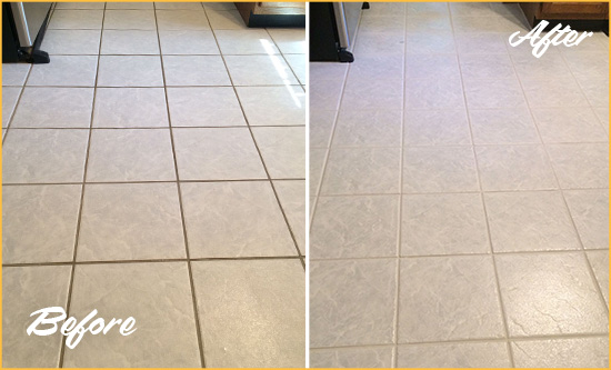 Before and After Picture of a Waccabuc Kitchen Ceramic Floor Sealed to Protect From Dirt and Spills