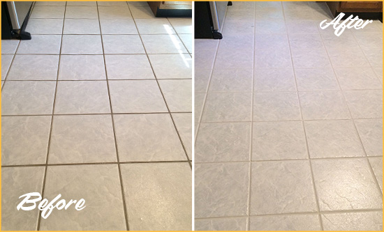 Before and After Picture of a South Salem Kitchen Ceramic Floor Sealed to Protect From Dirt and Spills