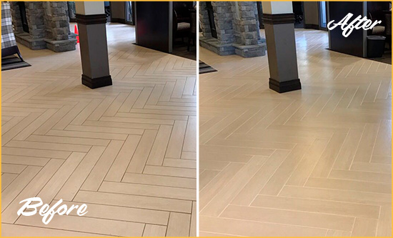 Before and After Picture of a Dirty Shenorock Ceramic Office Lobby Sealed For Extra Protection Against Heavy Foot Traffic