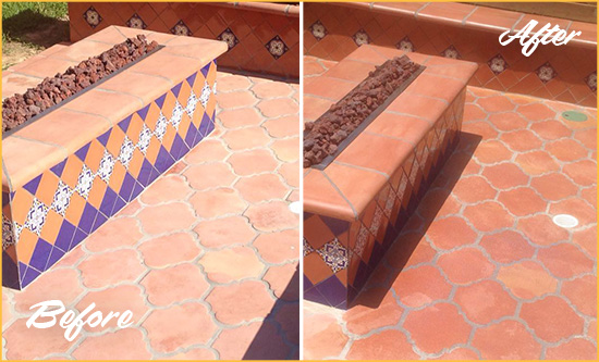 Before and After Picture of a Dull Shenorock Terracotta Patio Floor Sealed For UV Protection