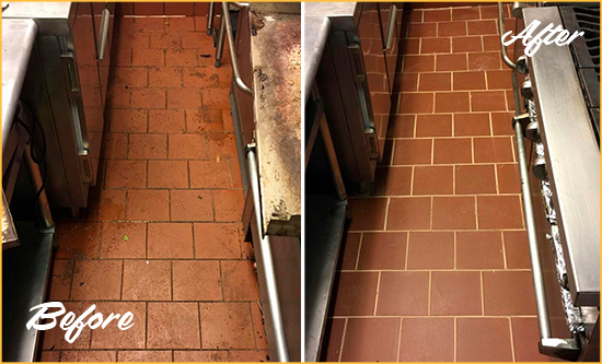 Before and After Picture of a Shenorock Restaurant Kitchen Floor Sealed to Remove Soil