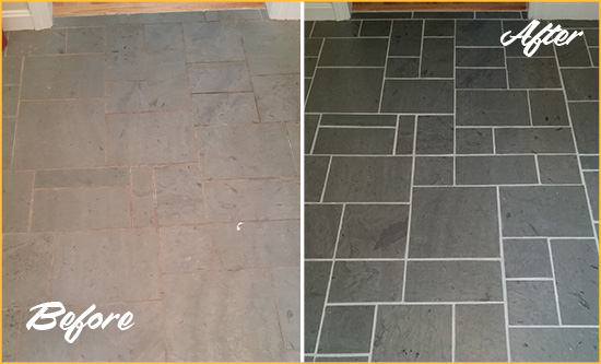 Before and After Picture of a Bedford Hills Slate Floor Cleaned to Remove Deep-Seated Dirt