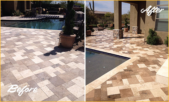 Before and After Picture of a Dull Mohegan Lake Travertine Pool Deck Cleaned to Recover Its Original Colors