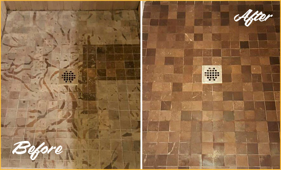 Before and After Picture of a Stained Bronxville Marble Shower Floor Cleaned to Remove Etching