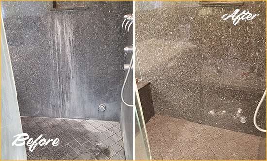 Before and After Picture of a New Rochelle Granite Shower Cleaned to Remove Mineral Deposits