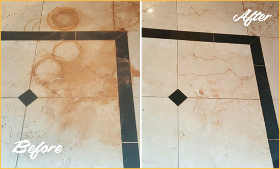 Before and After Picture of a New Rochelle Marble Floor Cleaned to Eliminate Rust Stains