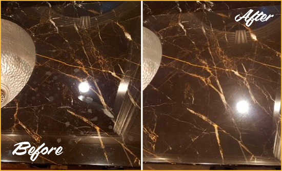 Before and After Picture of a Goldens Bridge Marble Countertop Cleaned to Remove Water Spots