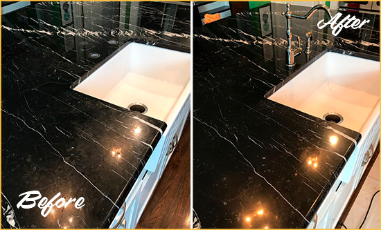 Before and After Picture of a Eastchester Marble Kitchen Countertop Stone Sealed to Avoid Water Damage
