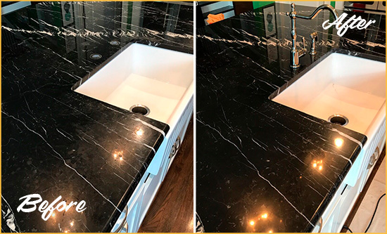 Before and After Picture of a Hastings On Hudson Marble Kitchen Countertop Stone Sealed to Avoid Water Damage