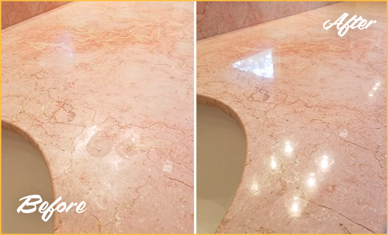 Before and After Picture of a Crompond Marble Stone Vanity Top Sealed to Avoid Water Marks