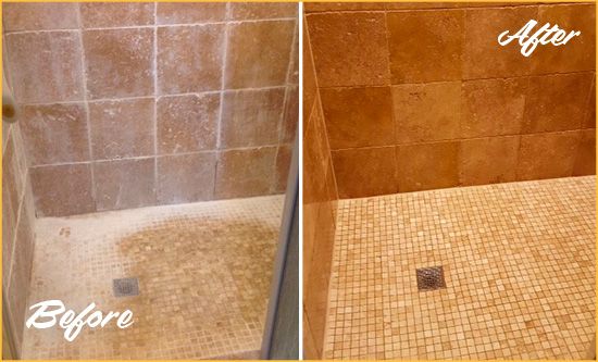 Before and After Picture of a Buchanan Travertine Shower Honed to Remove Mineral Deposits