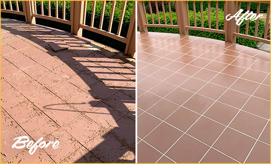 Before and After Picture of a New Rochelle Hard Surface Restoration Service on a Tiled Deck