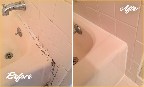 Before and After Picture of a White Plains Hard Surface Restoration Service on a Tile Shower to Repair Damaged Caulking