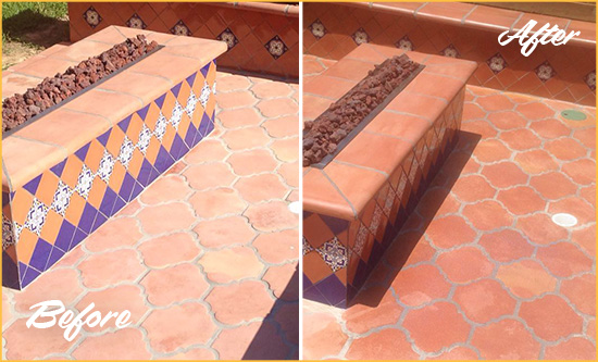 Before and After Picture of a Bronxville Hard Surface Restoration Service on a Dull Terracotta Patio Floor to Recover Its Color