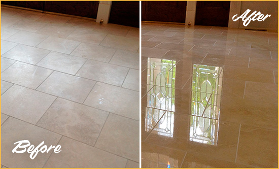Before and After Picture of a Bedford Hard Surface Restoration Service on a Dull Travertine Floor Polished to Recover Its Splendor