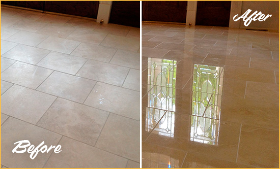 Before and After Picture of a Greensburgh Hard Surface Restoration Service on a Dull Travertine Floor Polished to Recover Its Splendor