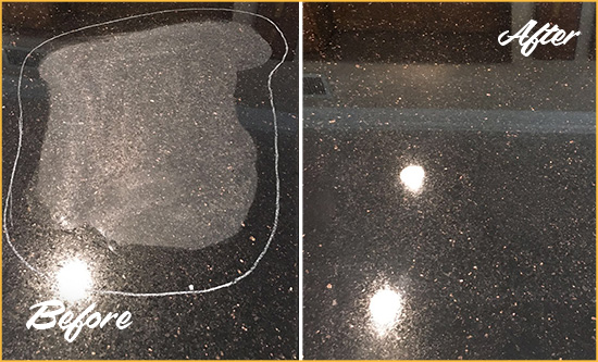 Before and After Picture of a Rye Hard Surface Restoration Service on a Granite Countertop to Remove Scratches