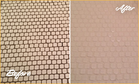 Before and After Picture of a Sleepy Hollow Hard Surface Restoration Service on a Bathroom Tile Floor Recolored to Fix Grout Color