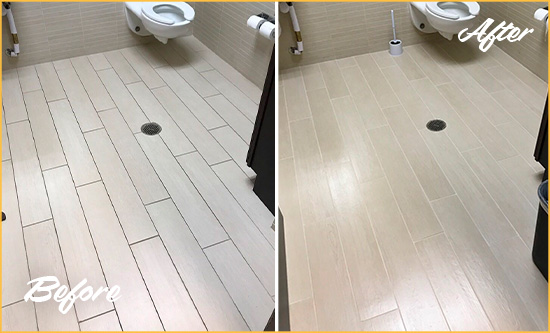 Before and After Picture of a Yonkers Office Restroom's Grout Cleaned to Remove Dirt