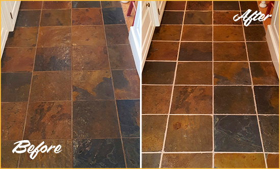 Before and After Picture of Ardsley Slate Floor Grout Cleaned to Remove Dirt