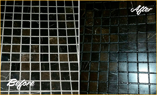 Before and After Picture of a Montrose Black Floor with Recolored Grout