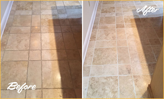 Before and After Picture of a Chappaqua Travertine Kitchen Floor Recolored Grout