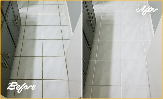 Before and After Picture of a Bedford White Ceramic Tile with Recolored Grout