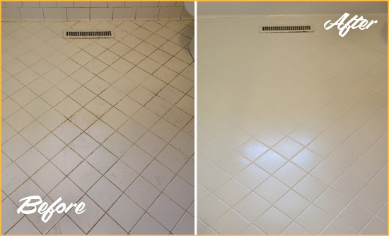 Before and After Picture of a Greensburgh White Bathroom Floor Grout Sealed for Extra Protection