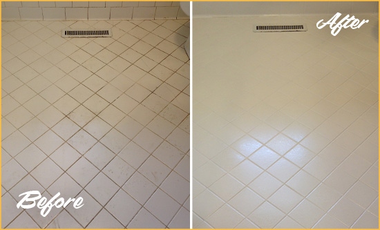 Before and After Picture of a Mount Pleasant White Bathroom Floor Grout Sealed for Extra Protection