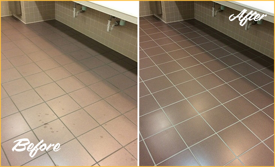 Before and After Picture of Dirty Katonah Office Restroom with Sealed Grout