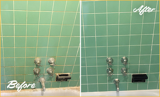 Before and After Picture of a Cross River Bath Tub Grout Sealed to Avoid Water Damage