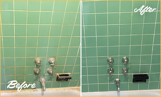 Before and After Picture of a Hartsdale Bath Tub Grout Sealed to Avoid Water Damage