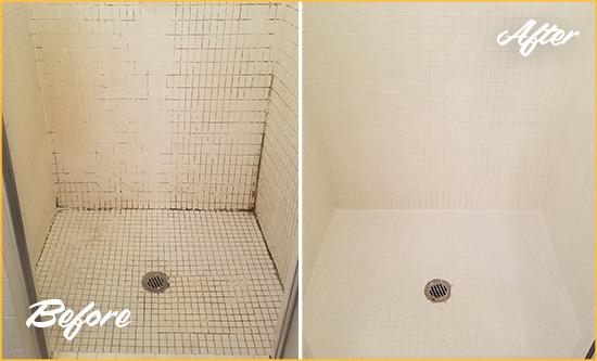 Before and After Picture of a Larchmont Bathroom Grout Sealed to Remove Mold