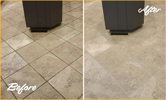 Before and After Picture of a Granite Springs Kitchen Floor Grout Sealed to Remove Stains